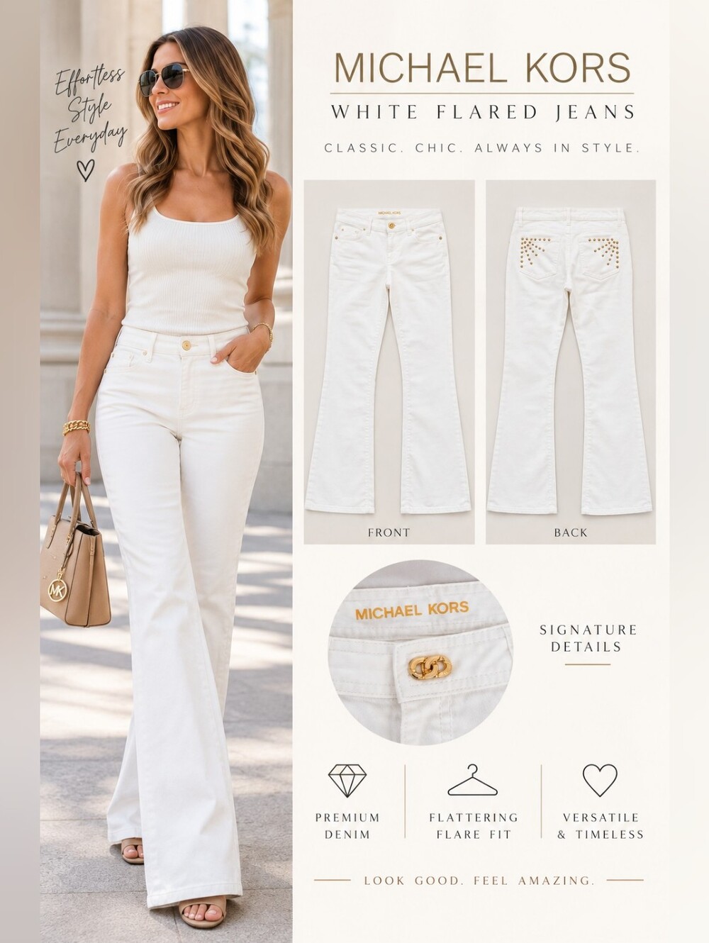 Michael Kors White Flared Jeans with Gold Studs Size 6P